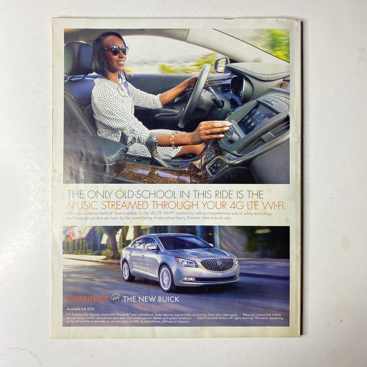 A Buick advertisement from the back of Ebony Magazine August 2015, promoting luxury features including Wi-Fi connectivity in the vehicle.