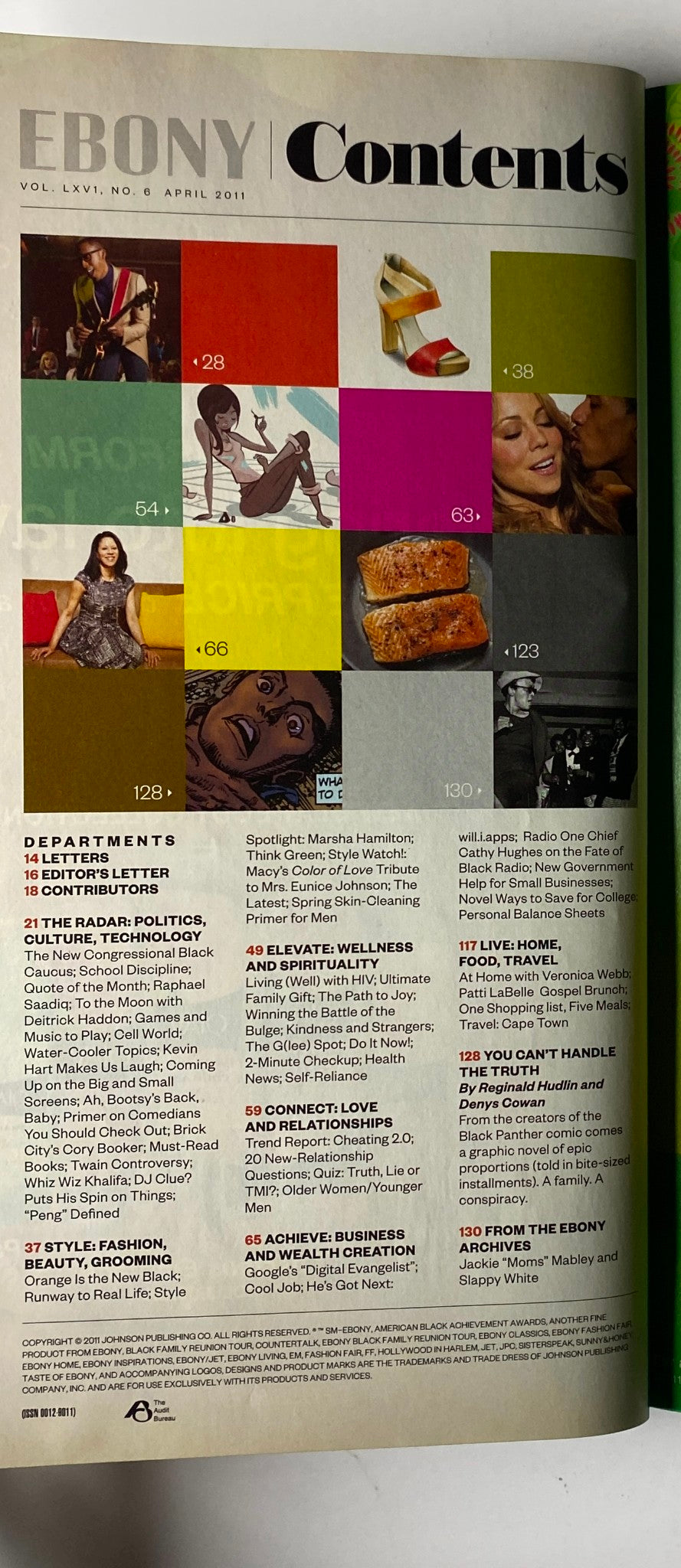 Contents overview from Ebony Magazine April 2011, Vol. LXVI, No. 6, including various articles and featured sections.