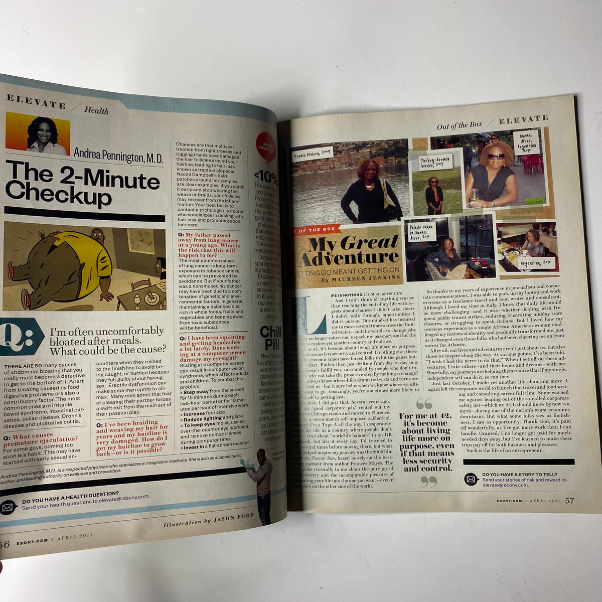 An interior spread from Ebony Magazine April 2011, Vol. LXVI, No. 6, discussing health topics and featuring Andrea Pennington, M.D.