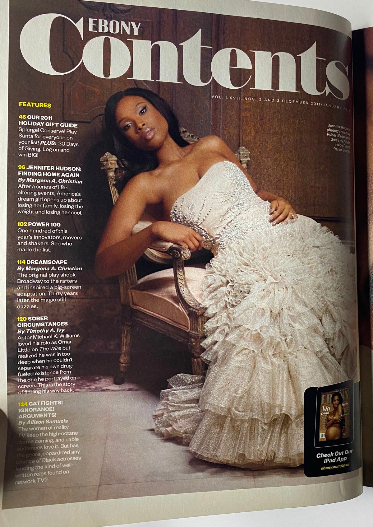Interior page of Ebony Magazine December 2011 Vol 67 No. 2 highlighting the contents, including features on Jennifer Hudson's personal story, holiday gift guide, and cultural reflections.