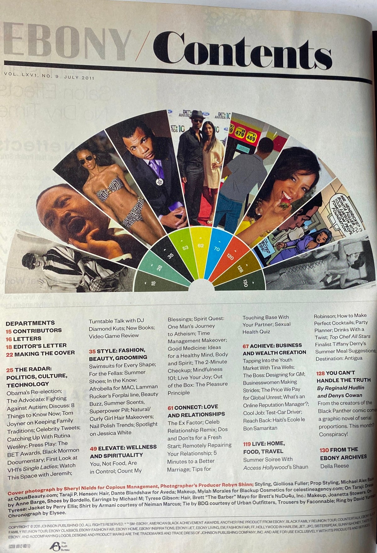 Contents page of Ebony Magazine July 2011 Vol 66 No. 9, displaying various article highlights and a visual layout featuring images from the magazine, reflecting its diverse cultural themes.