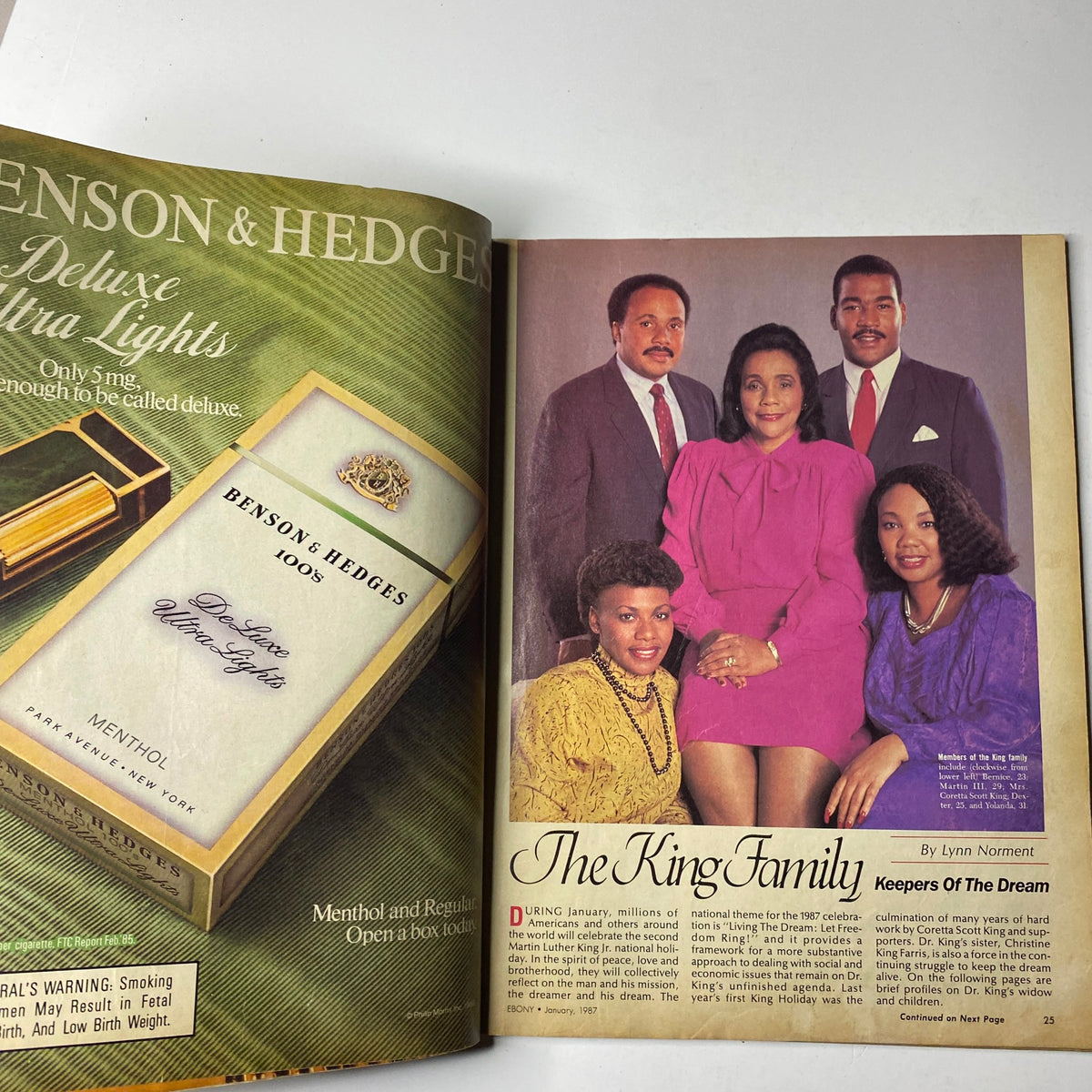Ebony Magazine January 1987 Vol 42 No. 3 featuring The King Family. Cover photo includes Coretta Scott King and her children, honoring their civil rights legacy as "Keepers of the Dream."