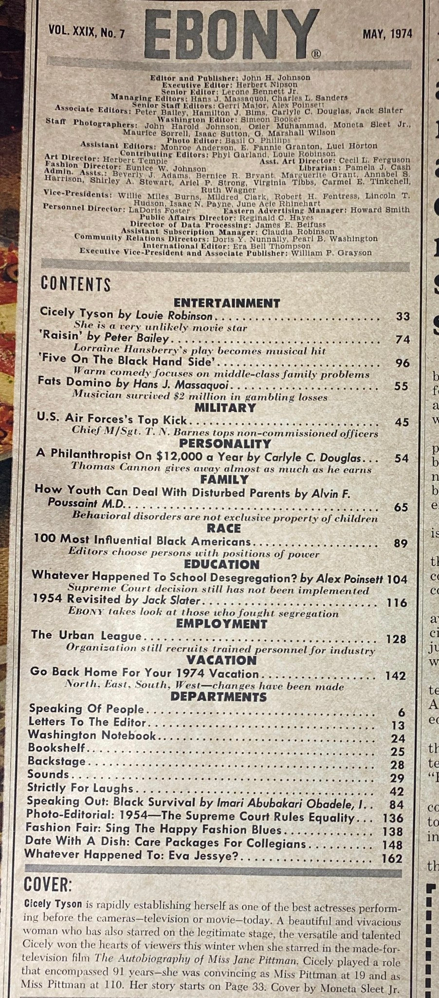 Contents page of the May 1974 issue of Ebony Magazine (Vol. 29, No. 7) featuring Cicely Tyson on the cover, detailing articles on entertainment, personality, family, race, and education.
