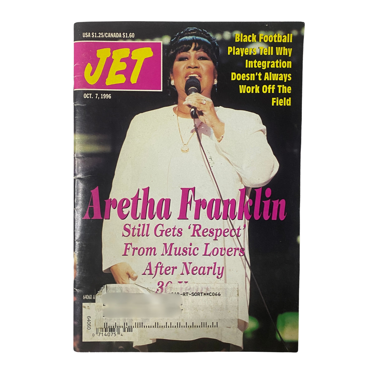 Jet Magazine cover from October 7, 1996, featuring Aretha Franklin with the headline 'Still Gets Respect From Music Lovers After Nearly 30 years'. This vintage magazine highlights the legacy of the Queen of Soul.