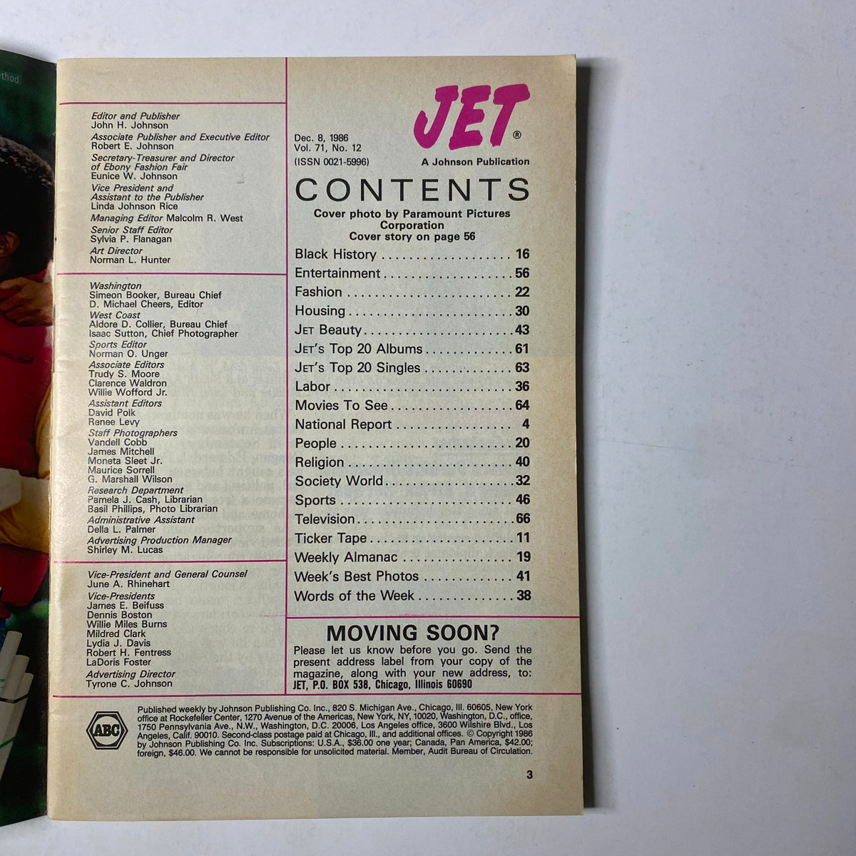 Contents page of Jet Magazine December 8, 1986 Vol. 71, No. 12, highlighting major topics including Black History, Entertainment, and Fashion.