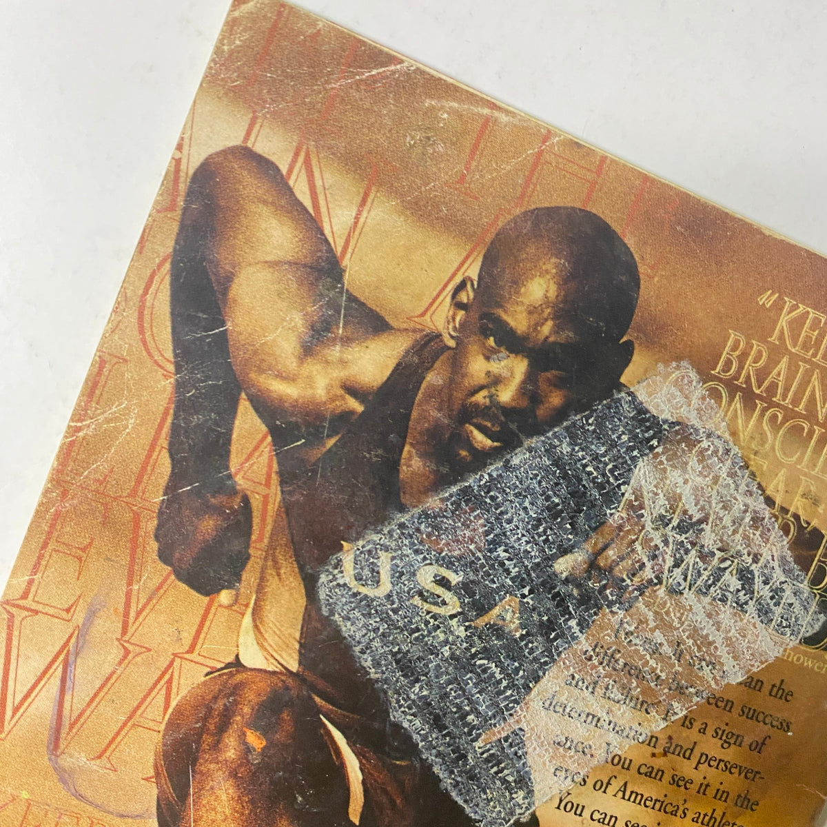Close-up of U.S. Armed Forces advertisement featuring a powerful athlete sprinting, with the message 'Keep The Brain and Conscience,' highlighting the importance of determination and perseverance, related to the Jet Magazine July 8, 1996 issue titled 'Jet Magazine July 8, 1996 Vol. 90, No. 8 Michael Jordan, Dennis Rodman Cover.'