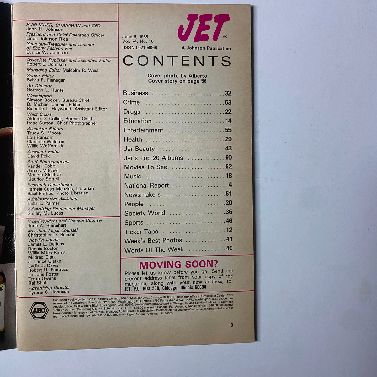 Table of contents page from Jet Magazine, June 6, 1988, listing articles including features on crime, education, and LaToya Jackson's cover story. Vol. 74, No. 10.
