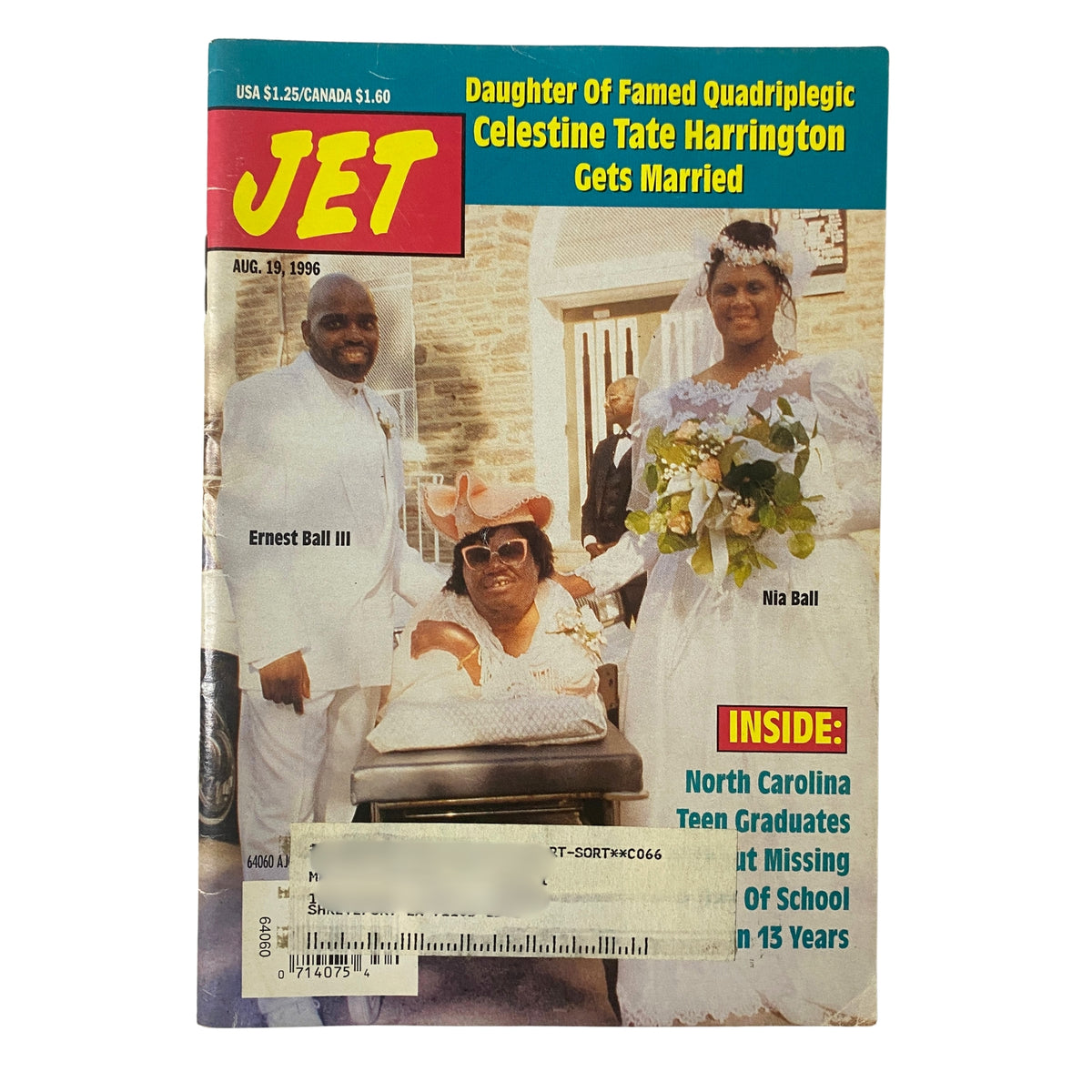 Jet Magazine August 19, 1996 cover featuring Ernest Ball III and Nia Ball, showcasing their wedding and highlighting Celestine Tate Harrington, a notable quadriplegic author.
