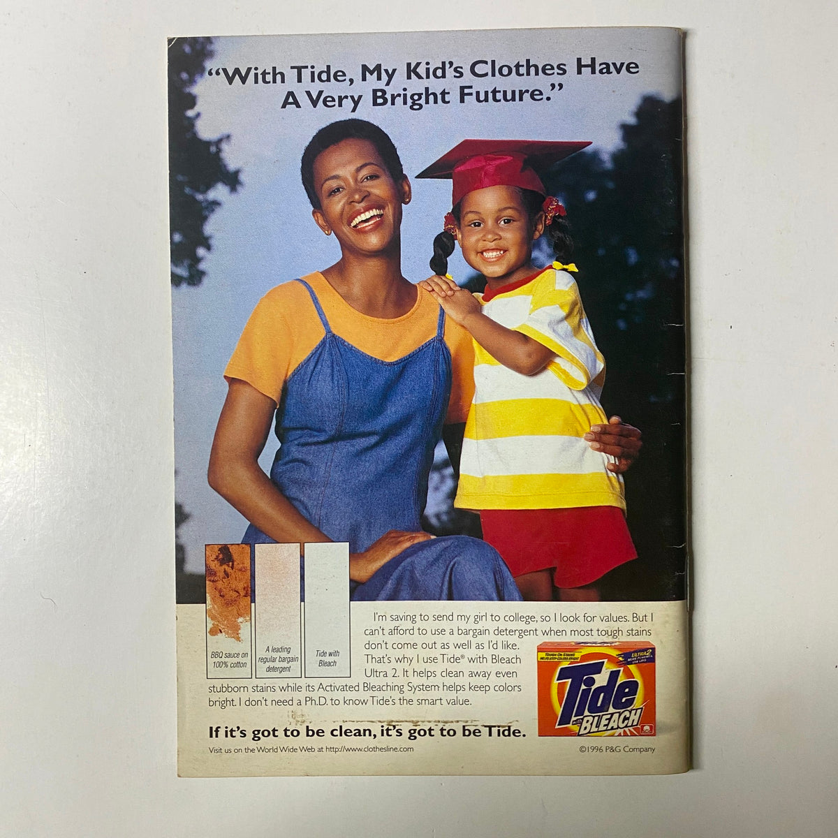 Advertisement in Jet Magazine August 19, 1996 for Tide bleach, emphasizing the importance of clean clothes for children's bright futures.
