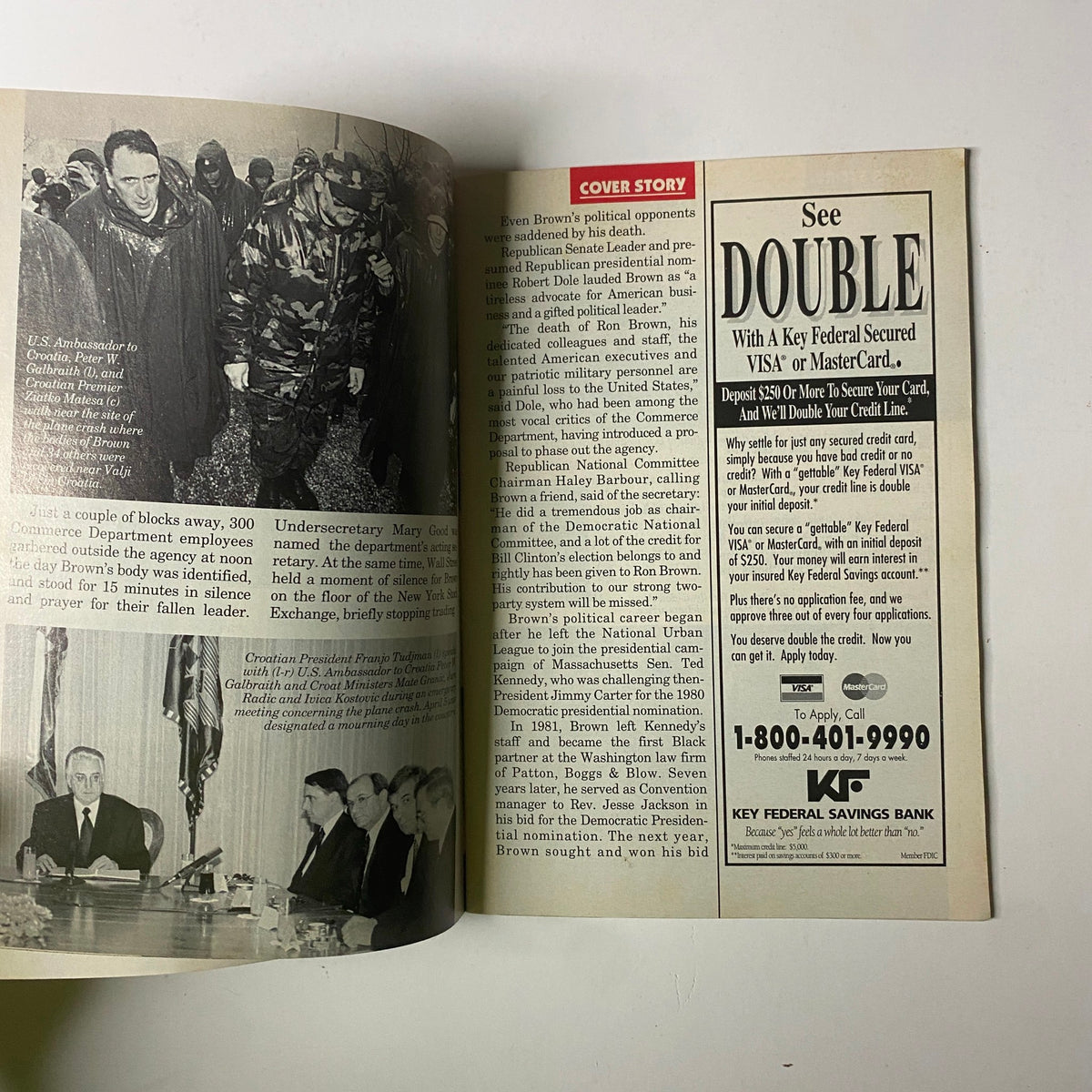 An interior page from Jet Magazine April 22, 1996 Vol. 89, No. 23 showing the cover story about Ronald H. Brown and images from his political career.