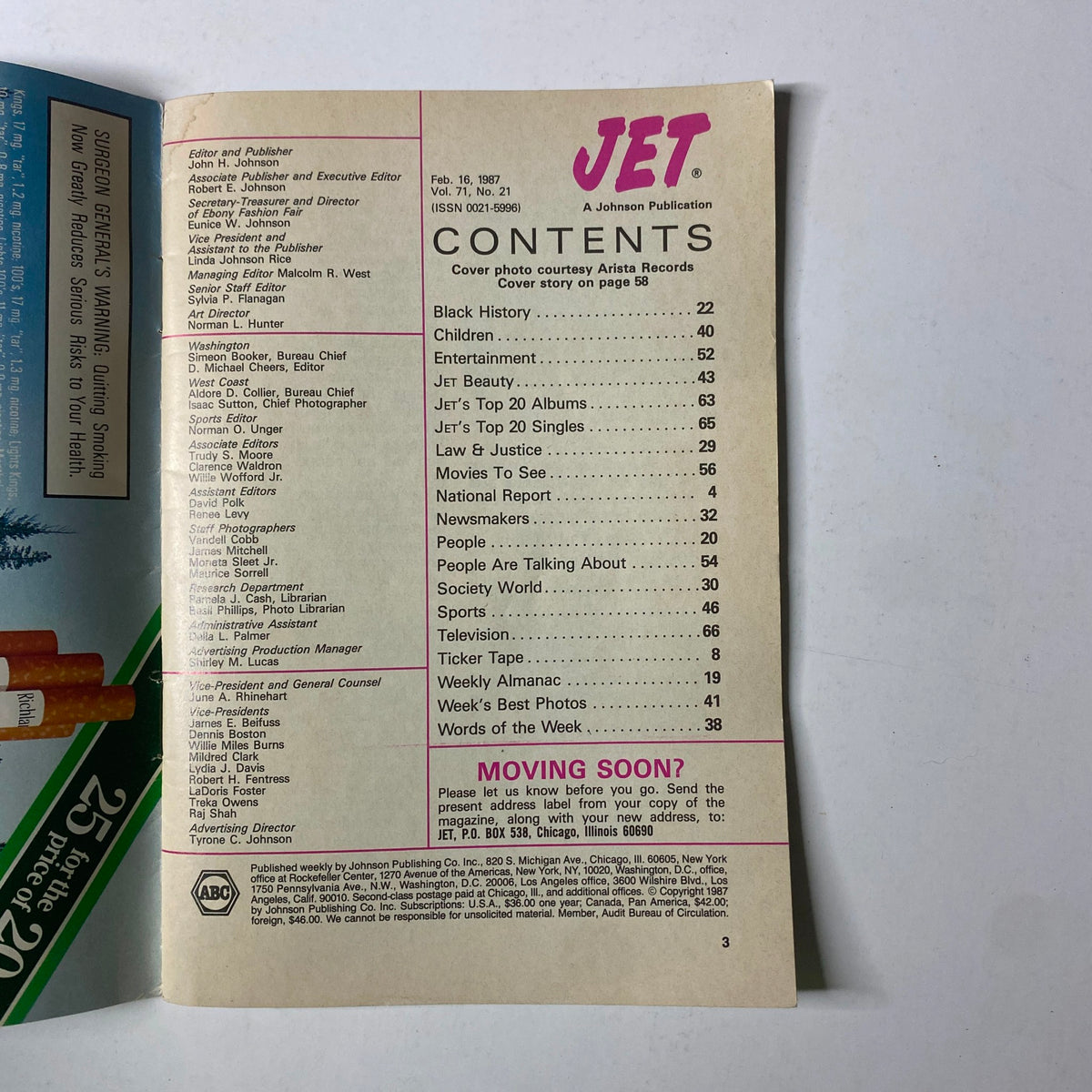 Table of contents page from Jet Magazine February 16, 1987, detailing features including Black History and Whitney Houston's cover story on page 58.