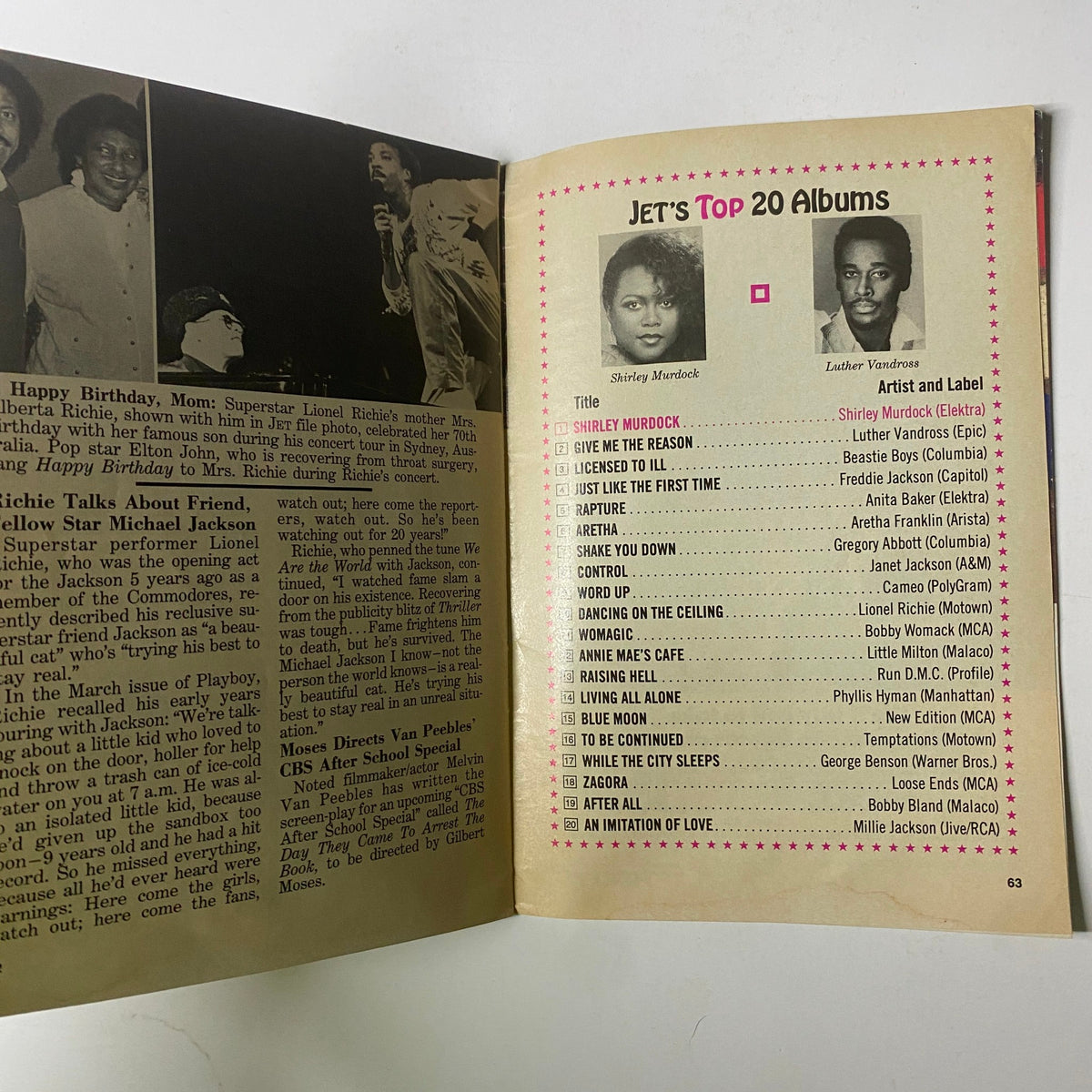Jet Magazine February 16, 1987, page highlighting the top 20 albums in music at the time, including notable artists and their works.