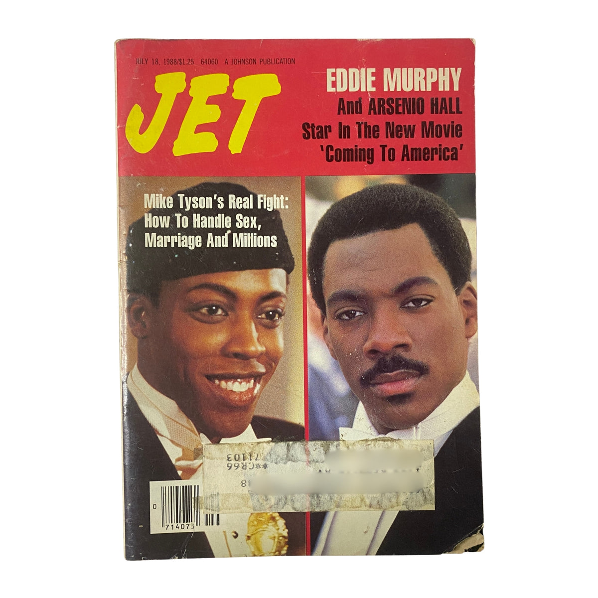 Jet Magazine July 18, 1988 Vol. 74, No. 16 featuring Eddie Murphy and Arsenio Hall on the cover, highlighting their movie 'Coming to America'. Good condition with light edge wear. Perfect for collectors of 1980s Black pop culture.