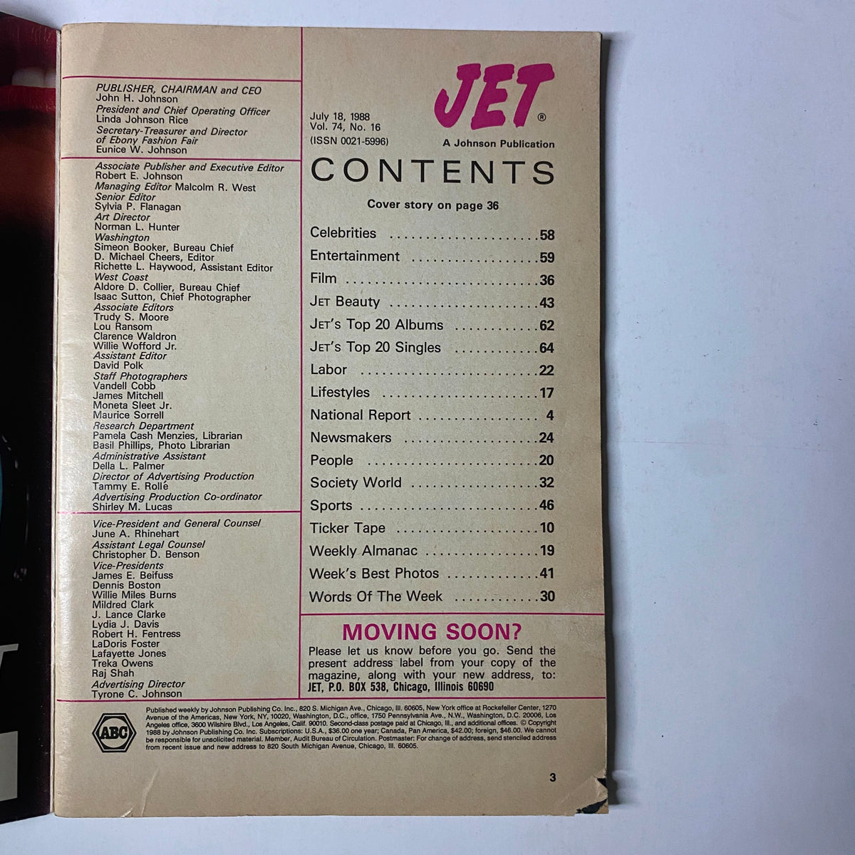 Contents page of Jet Magazine, July 18, 1988, Vol. 74, No. 16, with a listing of articles and features, including the cover story on Eddie Murphy & Arsenio Hall.