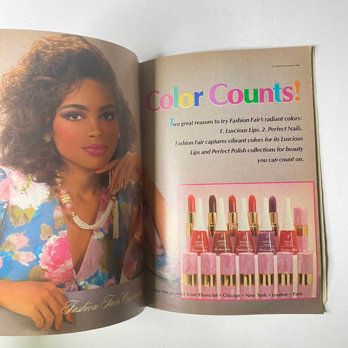 Fashion Fair advertisement showcasing vibrant lip colors and nail polishes, featured in Jet Magazine, July 18, 1988, Vol. 74, No. 16.