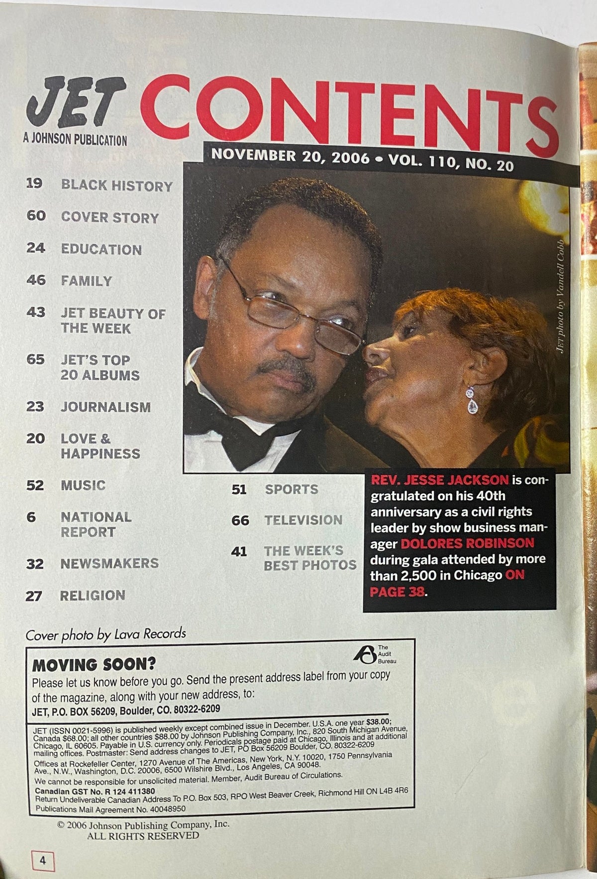 Contents page of Jet Magazine, November 20, 2006, Vol. 110, No. 20. Highlights Rev. Jesse Jackson's 40th anniversary in civil rights and includes various article headings.