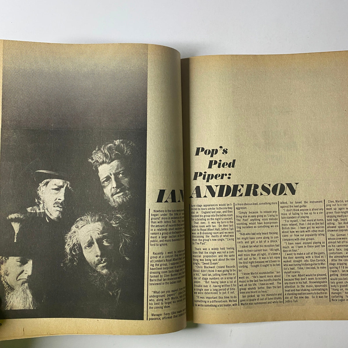 Spread from Hit Parader Magazine May 1970 featuring an article on Ian Anderson, Pop's Pied Piper, illustrated with dramatic black and white photography of artists.