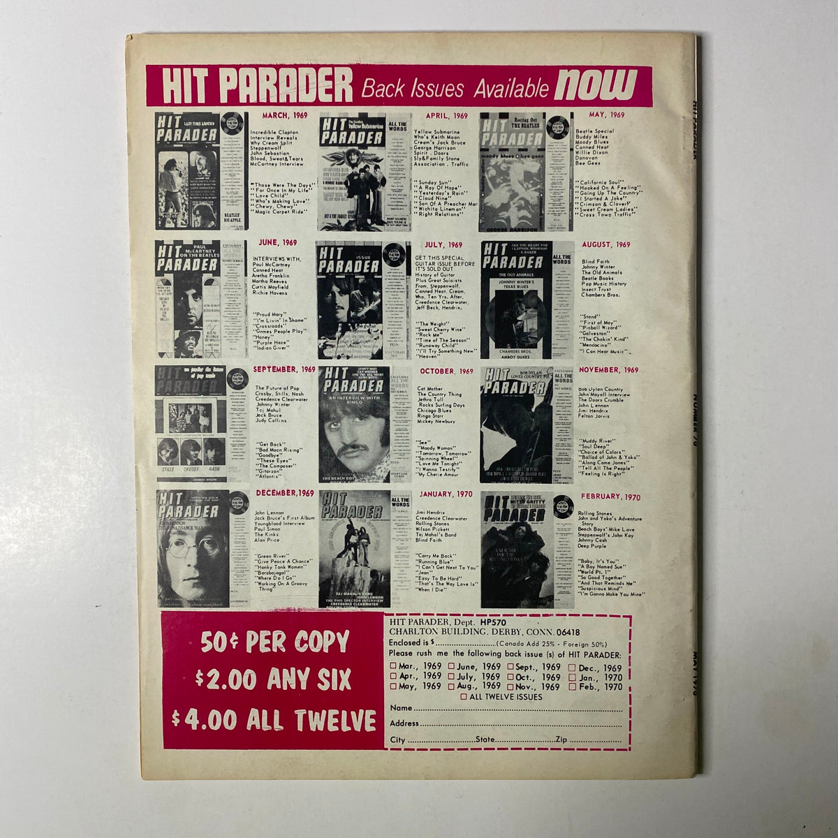 Back cover of Hit Parader Magazine May 1970 showcasing advertisements and listings for previous magazine issues, highlighting availability of back issues.