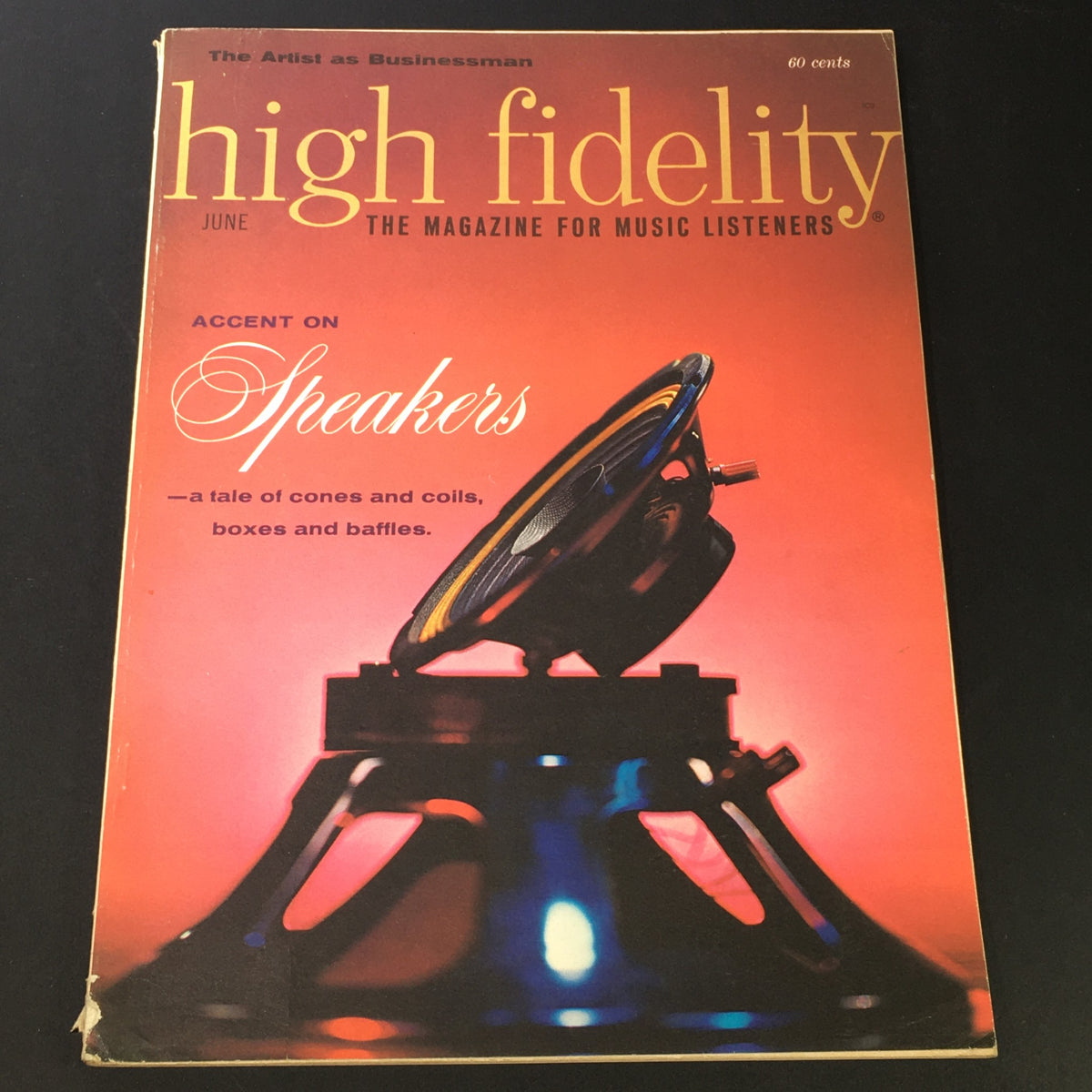Vintage High Fidelity Music Magazine June 1963 cover featuring a striking image of a speaker with vibrant colors, highlighting the theme 'Accent on Speakers'.