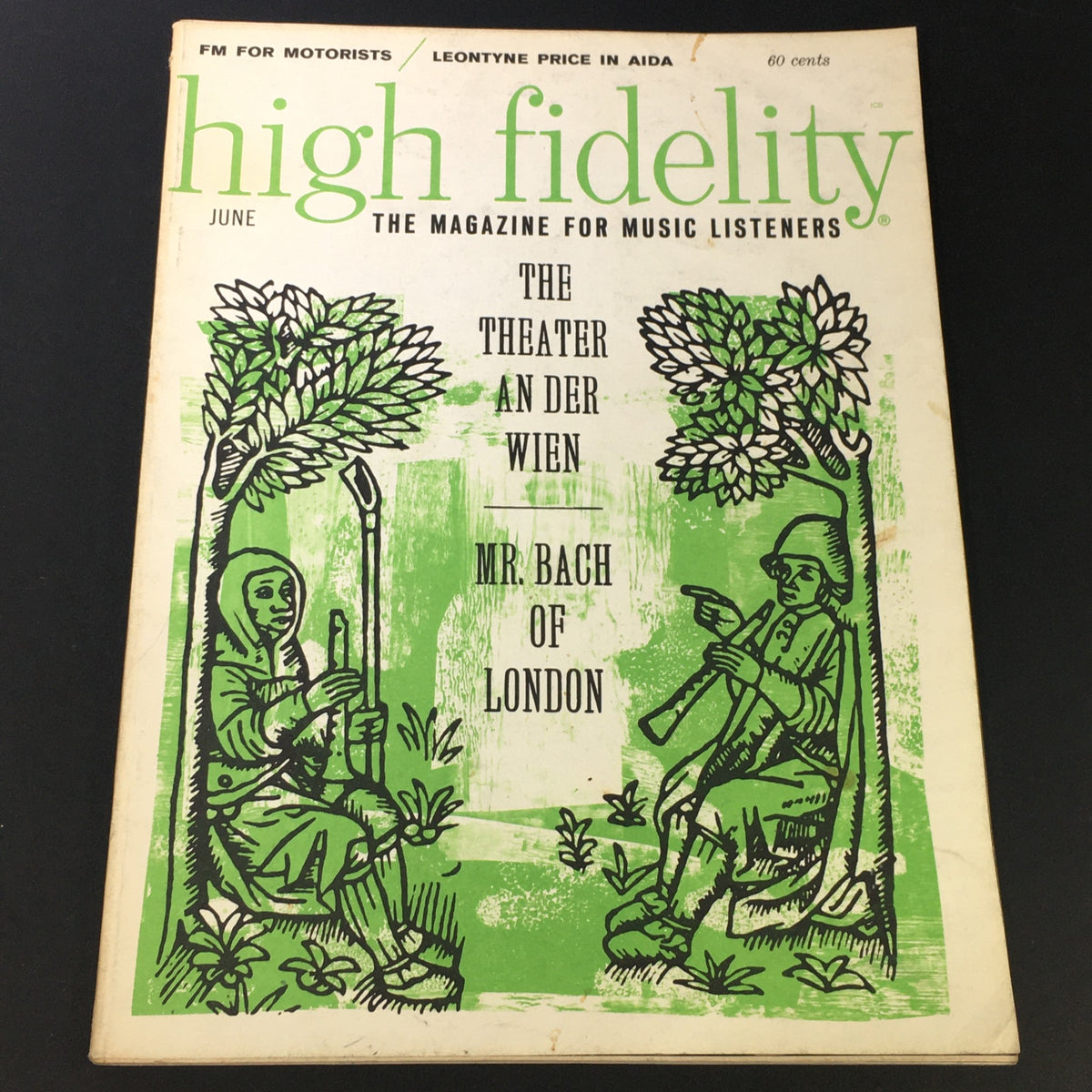 VTG High Fidelity Music Magazine June 1962 featuring Johann Sebastian Bach of London, showcasing unique cover art with illustrations of musicians and trees.