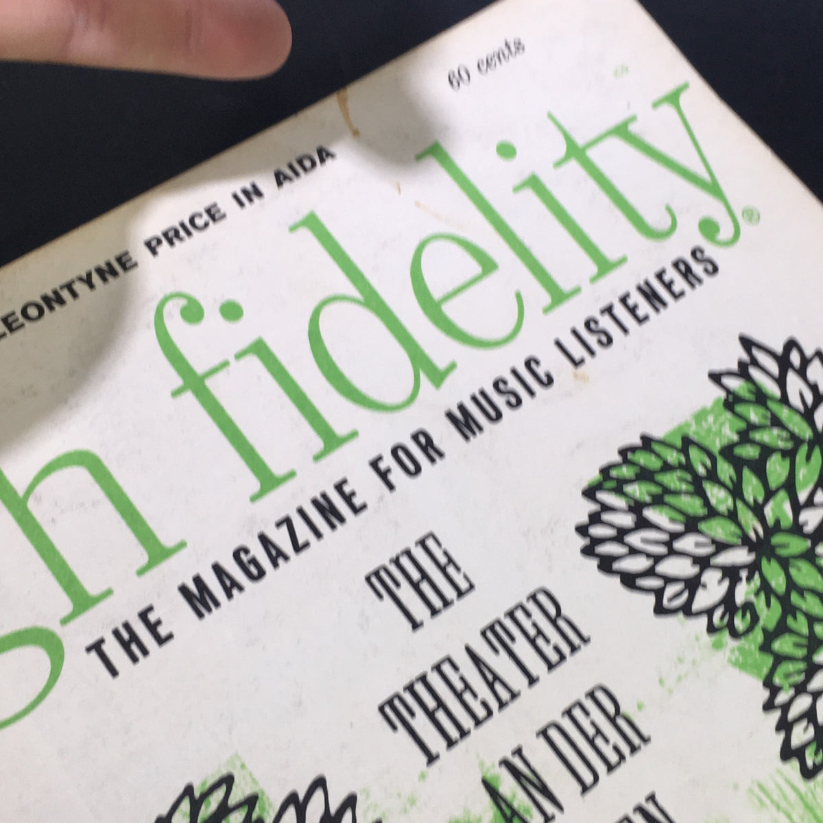 Close-up view of the cover of VTG High Fidelity Music Magazine June 1962, highlighting the title and illustrations related to Johann Sebastian Bach of London.