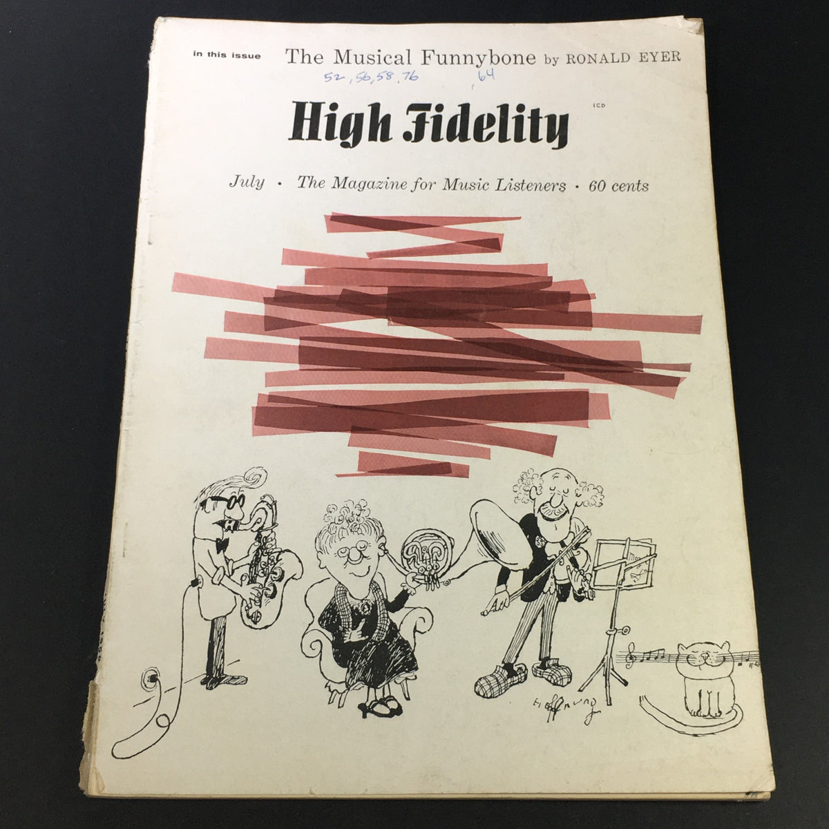 Cover of VTG High Fidelity Music Magazine July 1958 featuring the Musical Funnybone section with illustrated characters.