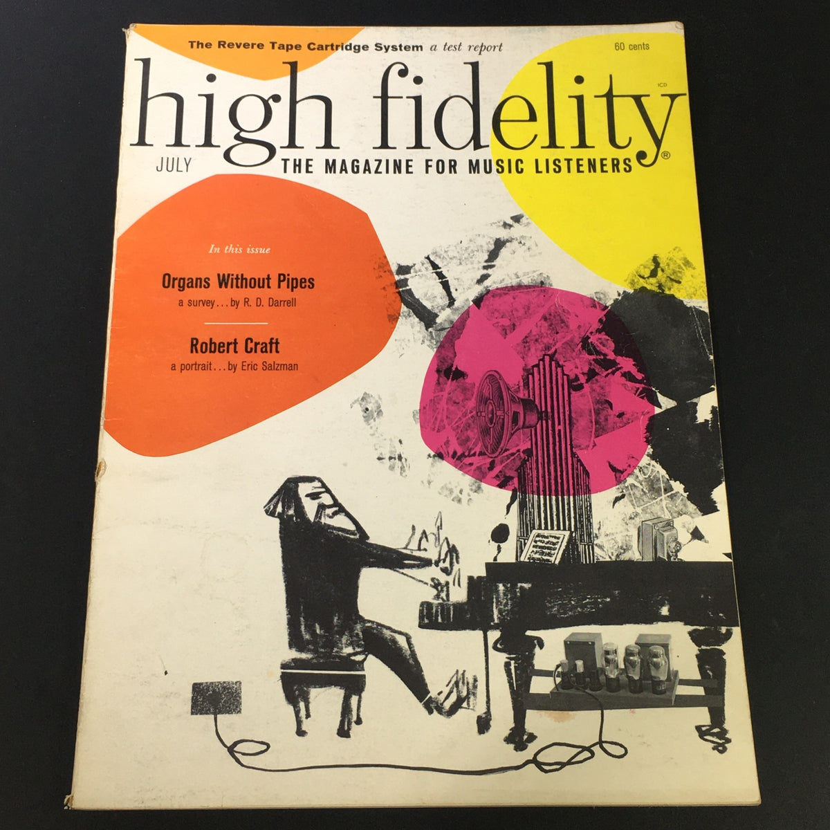 Cover of VTG High Fidelity Music Magazine July 1964 featuring a portrait of Robert Craft, showcasing artistic illustrations and vibrant colors related to music.