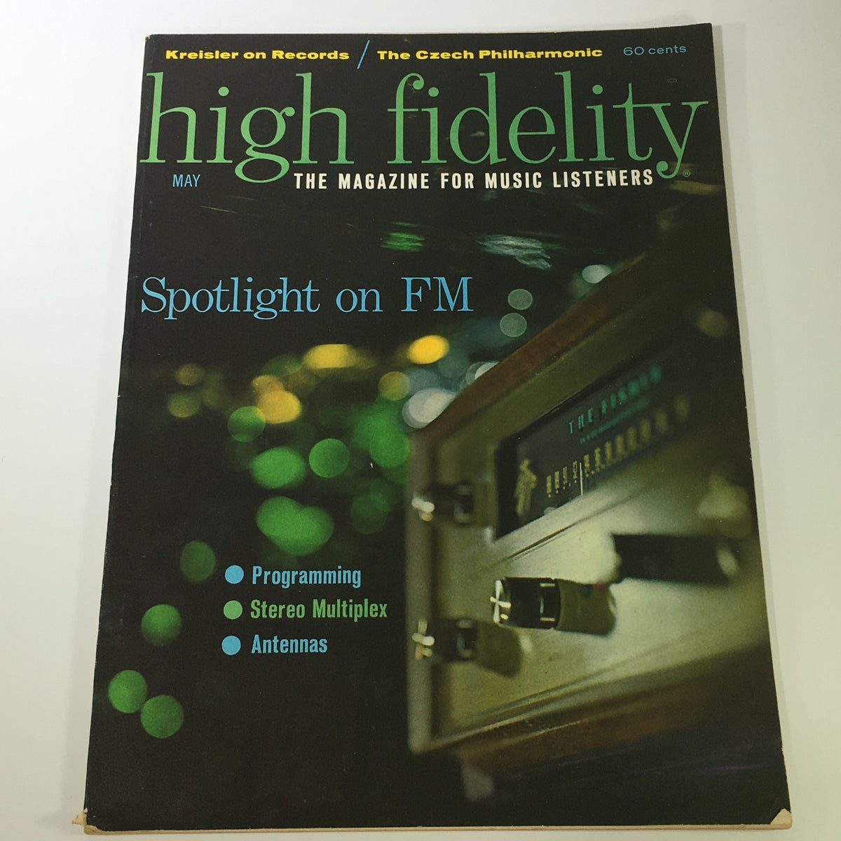 High Fidelity Music Magazine May 1962 cover featuring a Spotlight on FM with colorful bokeh background and vintage audio equipment.