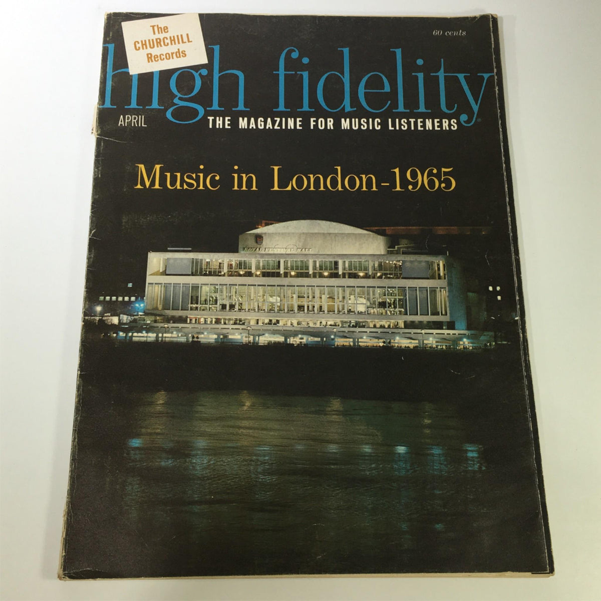 Cover of VTG High Fidelity Music Magazine April 1965 featuring 'Music in London - 1965', showcasing a night view of a notable London venue.
