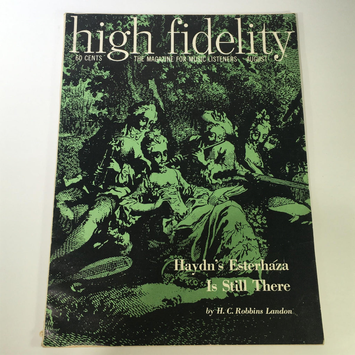 Cover of the VTG High Fidelity Music Magazine August 1959 featuring an illustration related to Haydn's Eszterháza, showcasing the title and historical context of classical music.