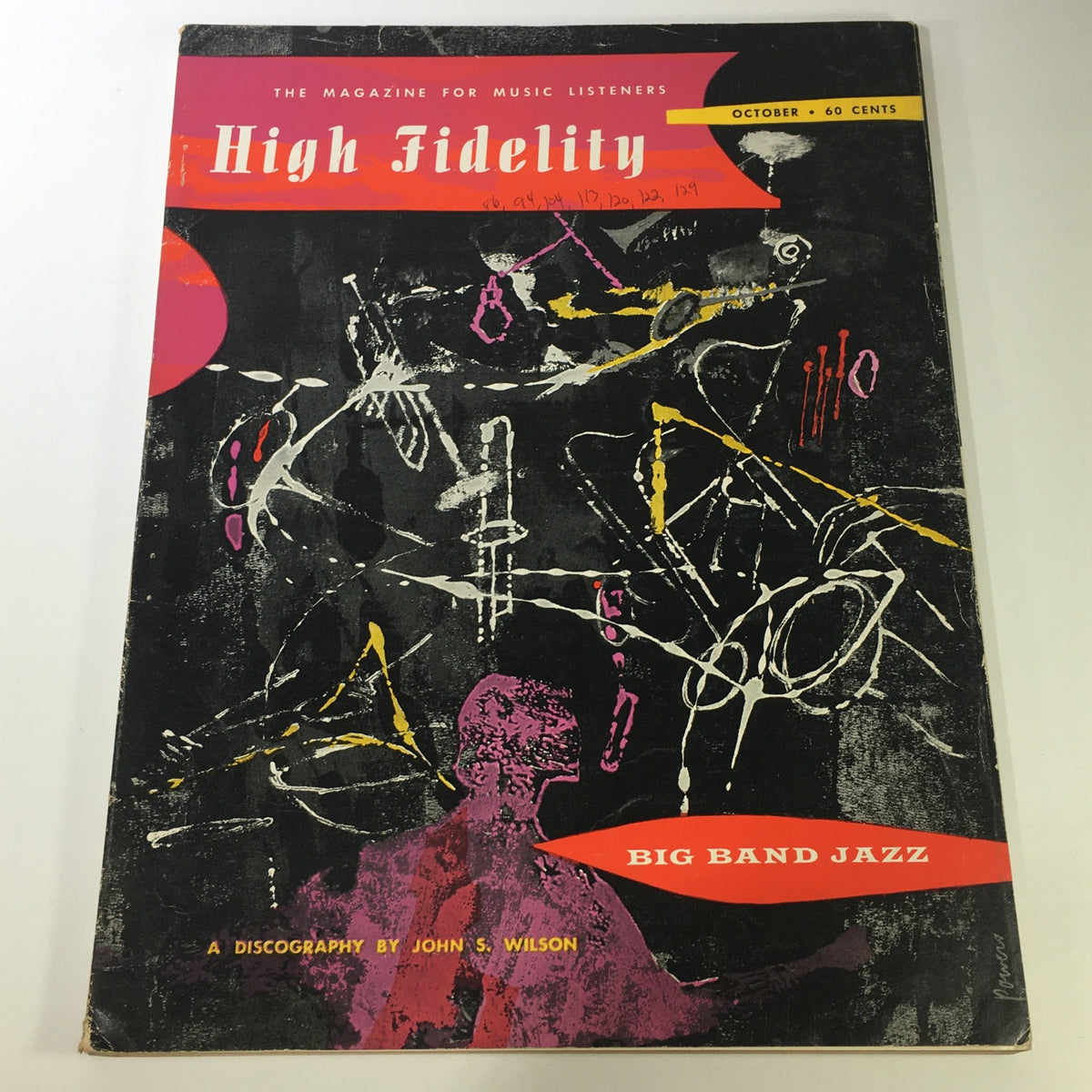 Cover of the High Fidelity Music Magazine October 1955 featuring Big Band Jazz Discography, showcasing abstract art and bold colors.