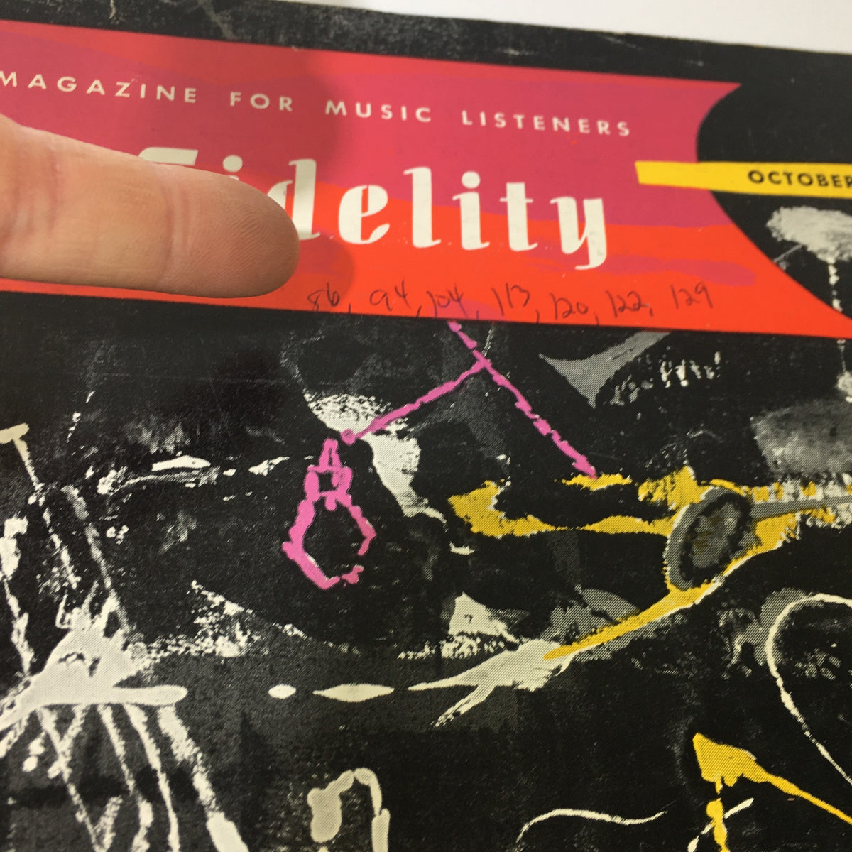 Close-up of the cover of High Fidelity Music Magazine October 1955 with focus on the title and colorful design elements.