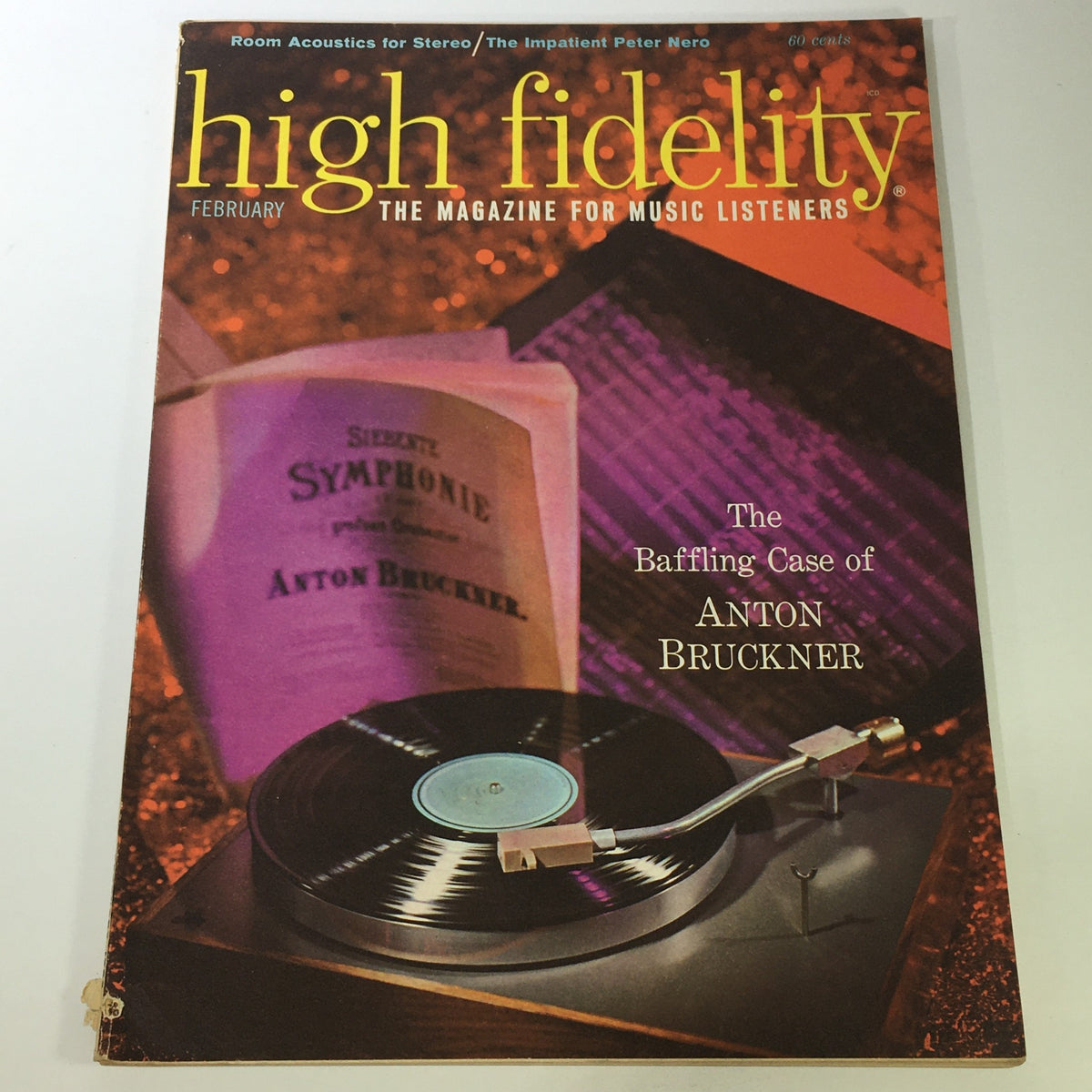 Cover of the VTG High Fidelity Music Magazine from February 1963, featuring an image of a record player and the title 'The Baffling Case of Anton Bruckner'.