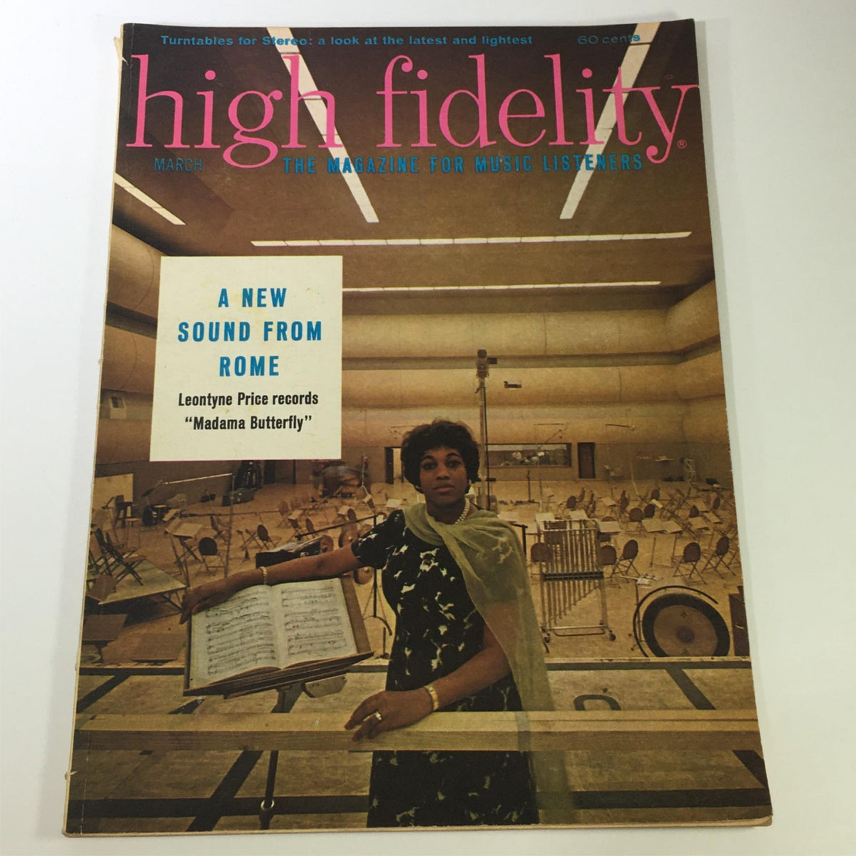 Cover of VTG High Fidelity Music Magazine March 1963 featuring the article on 'Madama Butterfly' with a woman standing in a recording studio.