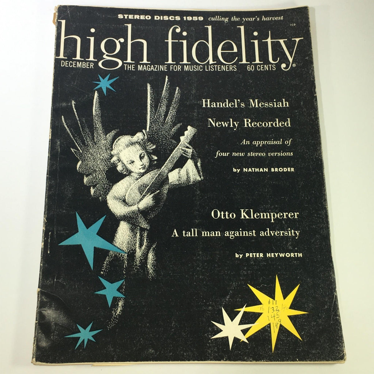 Cover of VTG High Fidelity Music Magazine from December 1959 featuring an illustration of an angel playing a lute and the title 'high fidelity' prominently displayed.