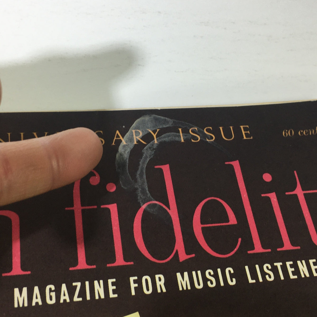 Close-up of the VTG High Fidelity Music Magazine October 1963 - Giuseppe Verdi Anniversary Issue showing minor wear and the title 'high fidelity' with the anniversary note.