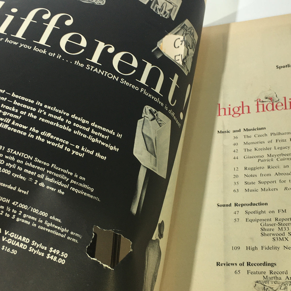 Interior page of VTG High Fidelity Music Magazine May 1962 showcasing advertisements and content related to music, including a feature on the Stanton Stereo Fluxvalve.