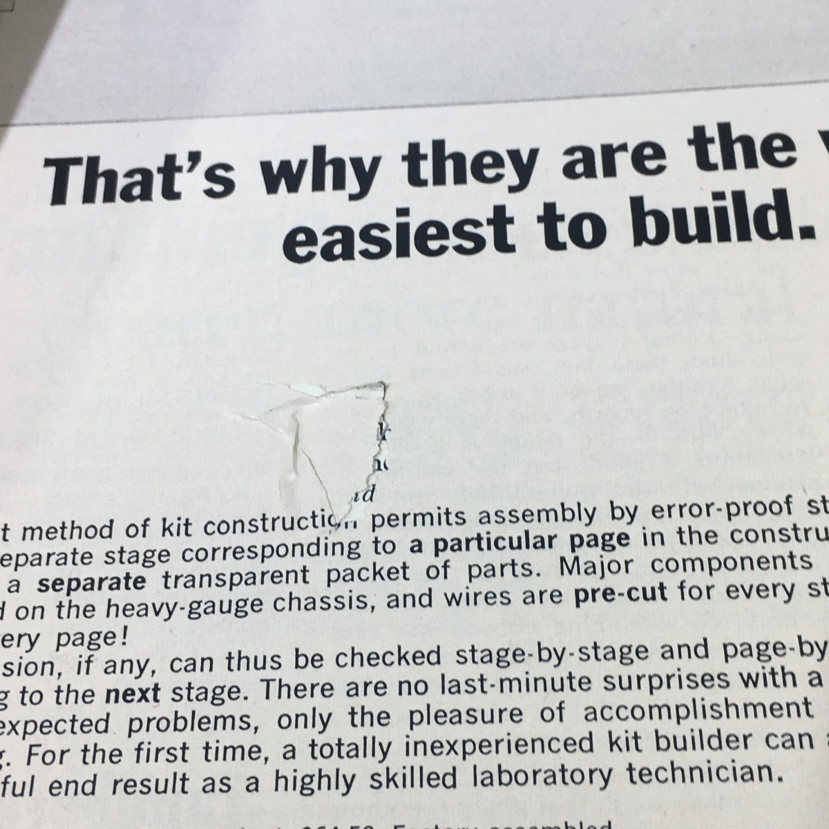 Detailed look at a page from VTG High Fidelity Music Magazine May 1962 about the simplicity of kit construction, emphasizing assembly techniques.
