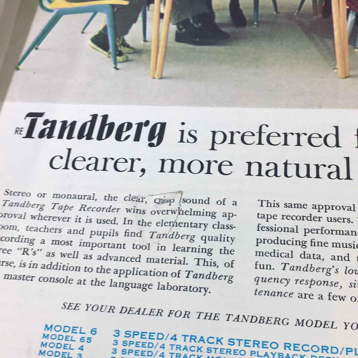 Segment from VTG High Fidelity Music Magazine May 1962 featuring an advertisement for Tandberg tape recorders, highlighting sound clarity and educational usage.