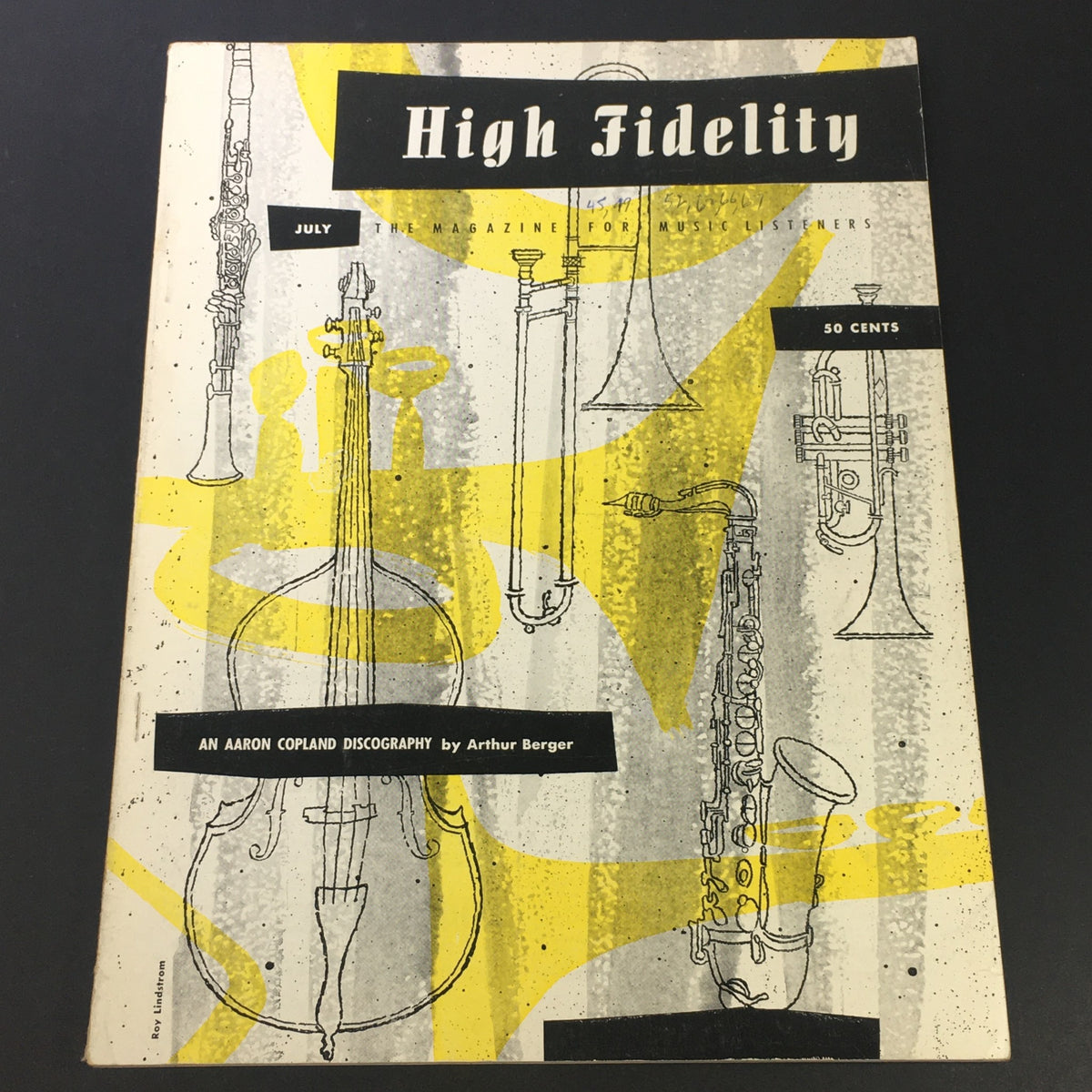 Cover of VTG High Fidelity Music Magazine from July 1955 featuring an artistic design with musical instruments and an Aaron Copland discography highlighted.