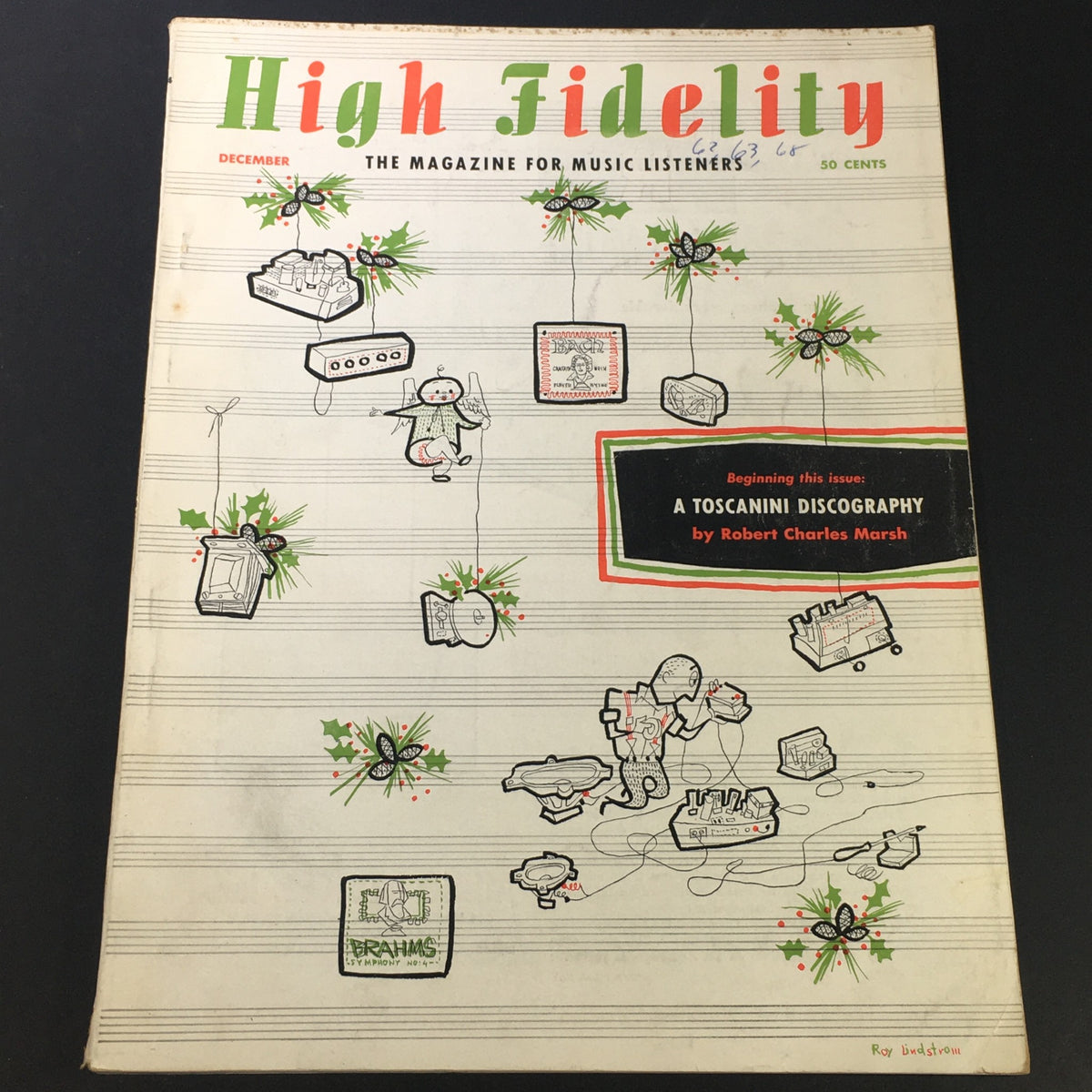 Cover of VTG High Fidelity Music Magazine December 1954 featuring decorations and a title about Arturo Toscanini Discography. The magazine showcases a musical theme with illustrations and is a collectible for music enthusiasts.