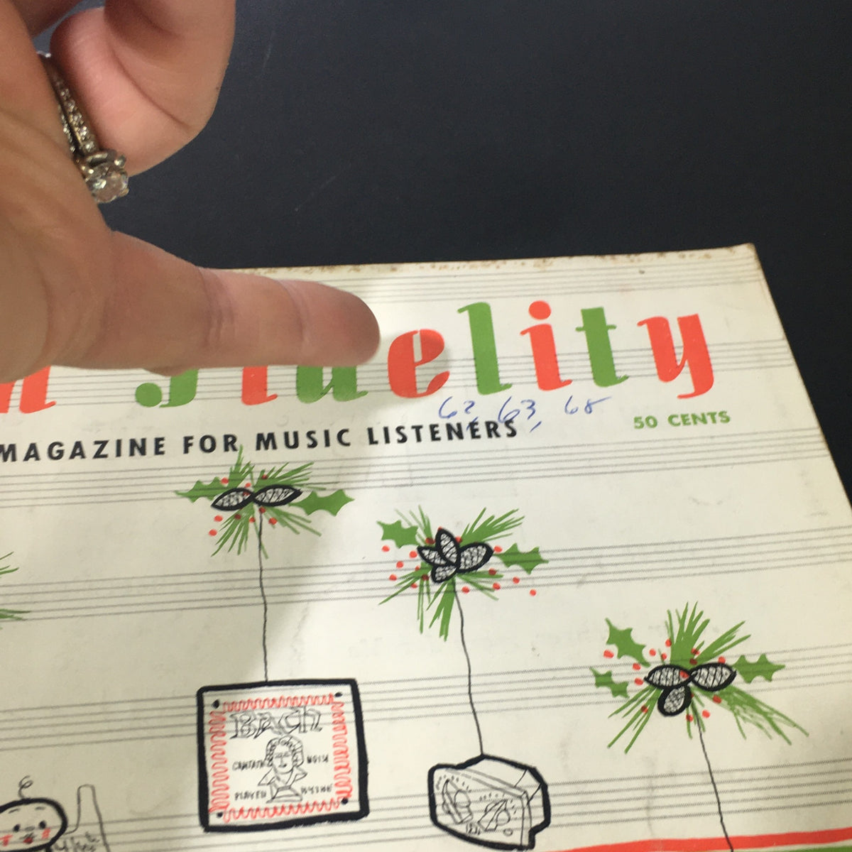 Cover of VTG High Fidelity Music Magazine from December 1954, featuring festive decorations and musical notes. The magazine is highlighted as a significant piece of music history, showcasing a discography of Arturo Toscanini.