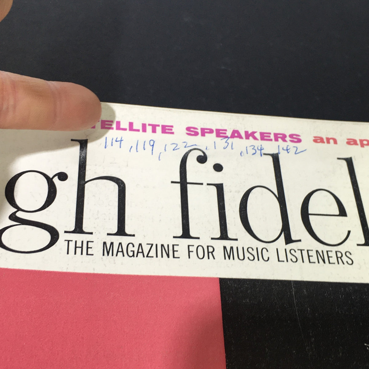 Detail of the cover of the VTG High Fidelity Music Magazine October 1959, displaying handwritten notes and the magazine's title emphasizing its historical significance.