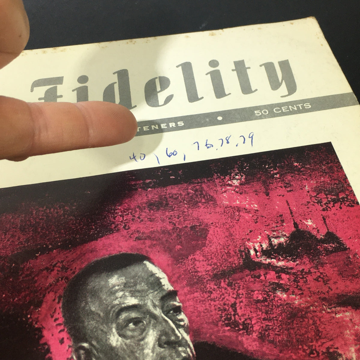 Close-up of the cover of the VTG High Fidelity Music Magazine from May 1955 featuring a vibrant artwork and a handwritten note, highlighting the discography of composer Sergei Rachmaninoff.