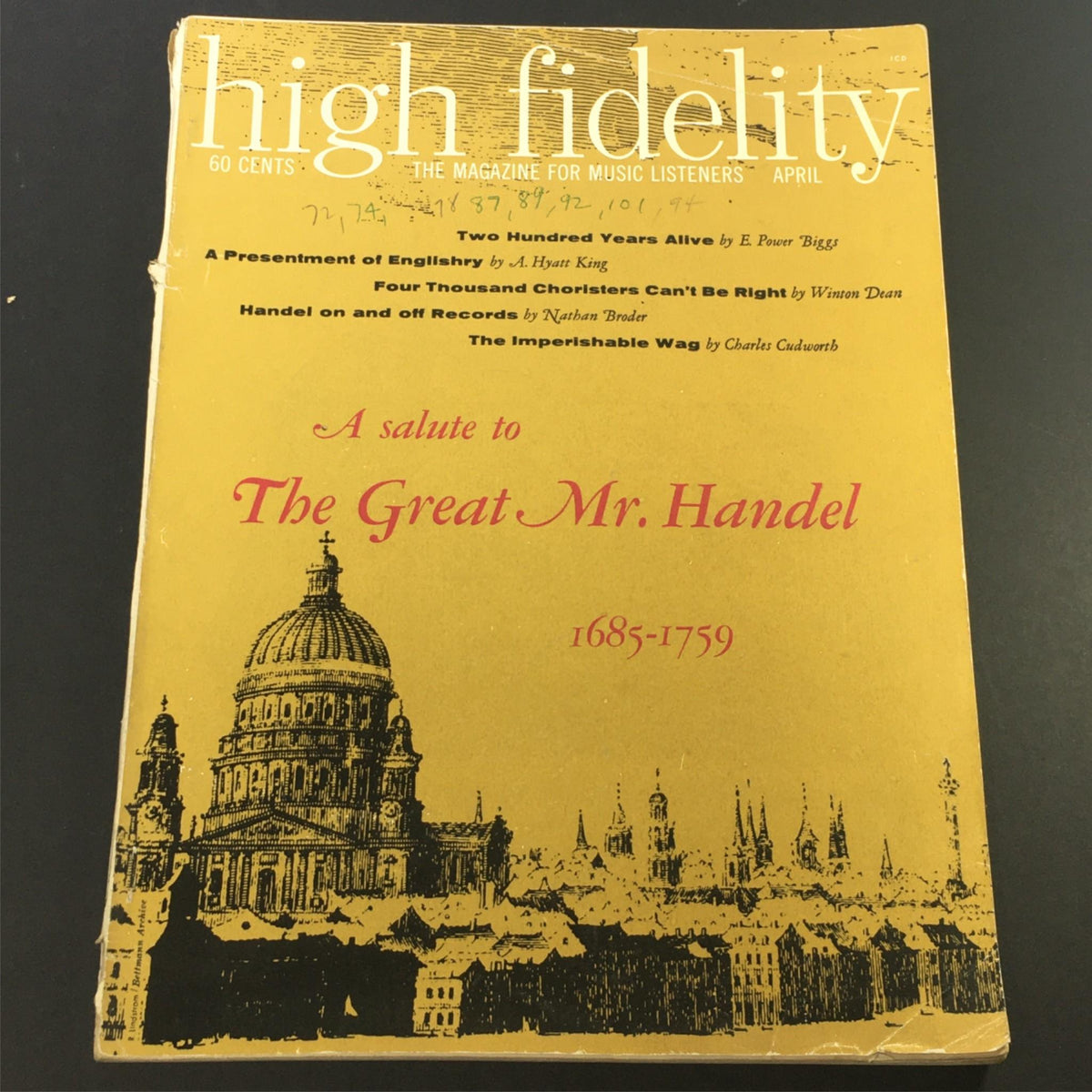 Cover of VTG High Fidelity Music Magazine from April 1959, featuring a salute to The Great Mr. Handel, showcasing a historic black and white illustration of a cityscape with prominent architecture and elegant typography.