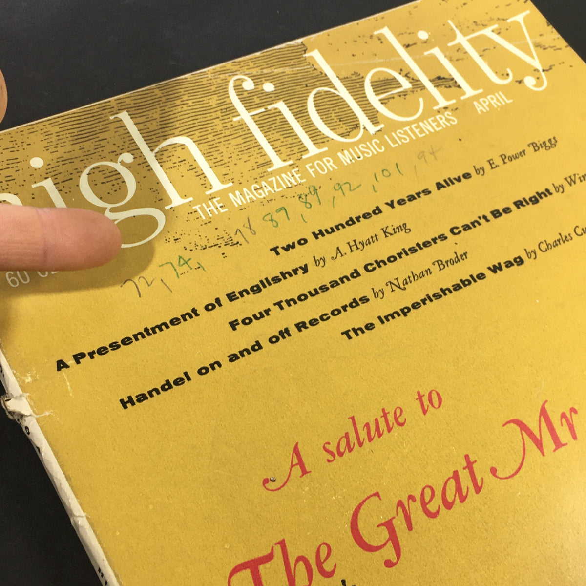 Cover of the VTG High Fidelity Music Magazine from April 1959, featuring a tribute to Mr. Handel with titles of articles and a finger pointing at the text.