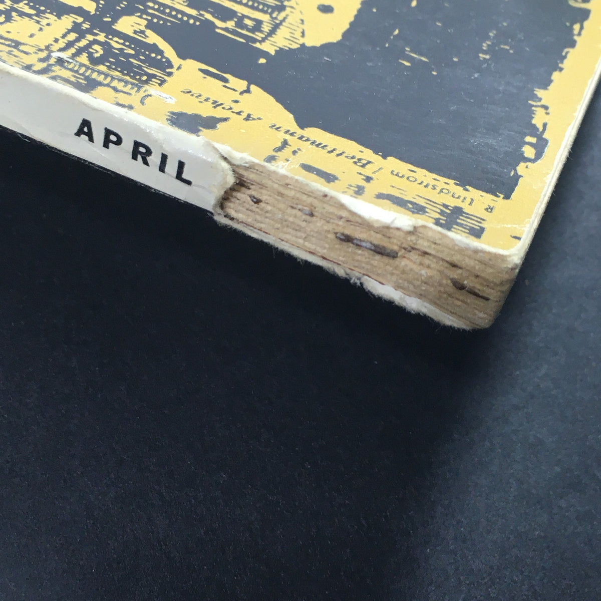 Side view of the VTG High Fidelity Music Magazine from April 1959, showing the edge and the month 'APRIL' printed on the spine.