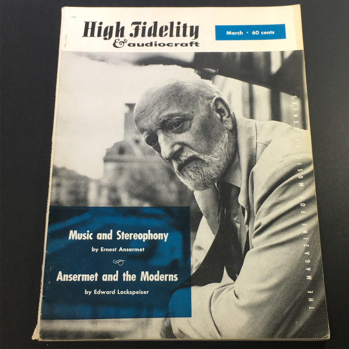 Cover of VTG High Fidelity Music Magazine March 1959 featuring a thoughtful Ernest Ansermet. This edition includes articles on Music and Stereophony, showcasing the cultural impact of classical music in the late 1950s.