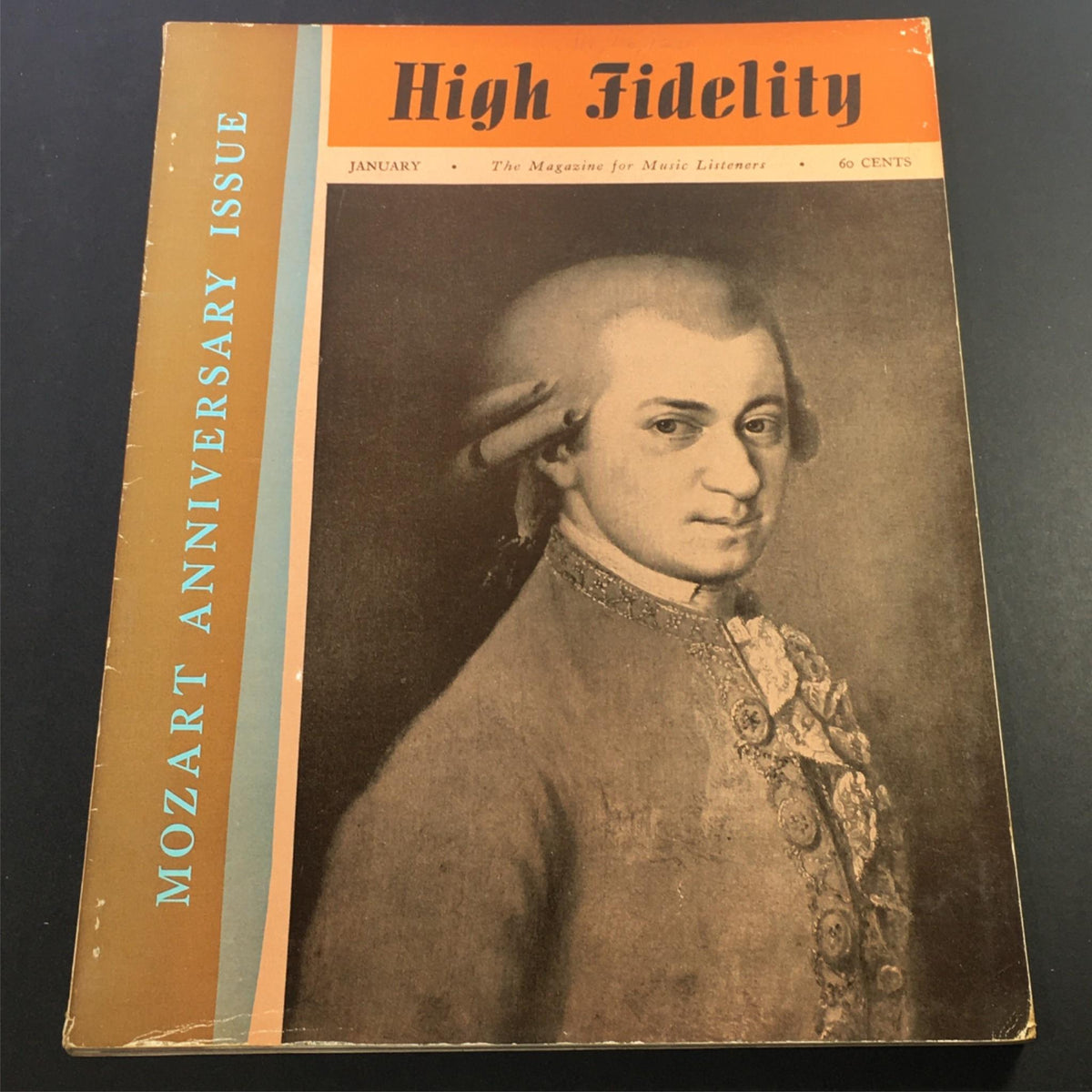 Vintage High Fidelity Music Magazine from January 1959, featuring the Mozart Anniversary Issue, showcasing a portrait of Wolfgang Amadeus Mozart on the cover.
