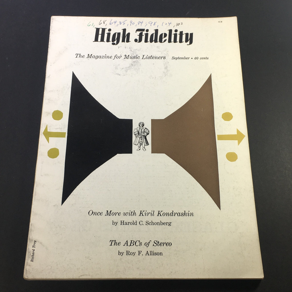 Cover of the VTG High Fidelity Music Magazine from September 1958 featuring the title 'Once More with Kiril Kondrashin,' showcasing a vintage design with visual elements related to music listening.
